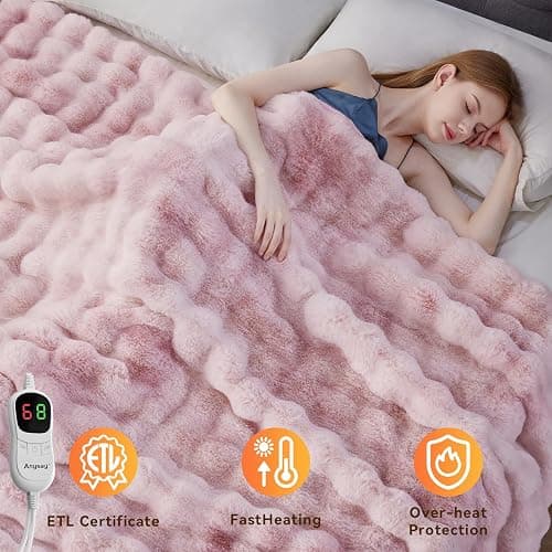 Anysay Heated Blanket Throw with 1/2/4/6/8 Hours Auto-Off 10 Heat Level, 50'' * 60'' Cozy Faux Rabbit Fur Bubble Electric Blanket with Overheat Protection(Tie-Dye Pink) thumbnail 6