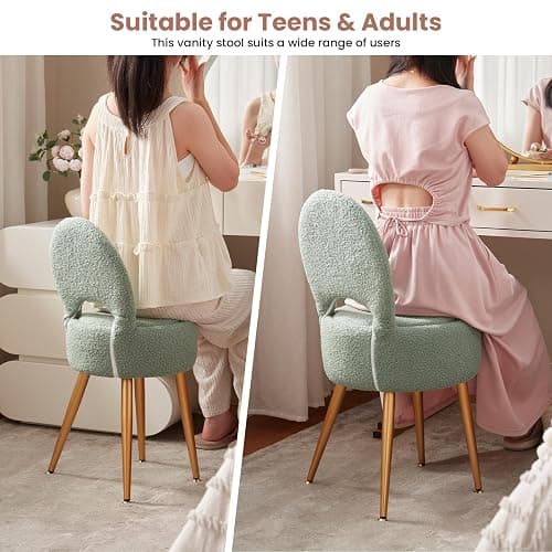 ZYKZYK Small Vanity Stool Chair with Storage and Folding Back,4 Metal Legs with Anti-Slip Feet,Round Ottoman with Velvet Seat, Furry Padded Seat for Makeup, Bedroom (Green, Small) thumbnail 6