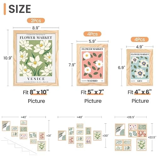 upsimples 10 Pack Picture Frames Collage Wall Decor for Mounting or Tabletop Display, Photo Gallery Frame Set for Family, Multi Sizes Including 8x10, 5x7, 4x6, Natural - Natural thumbnail 3