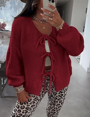 PRETTYGARDEN Women's Tie Front Bow Cardigan Sweaters Chunky Knit Long Puff Sleeve Trendy Fall Winter Jacket Coats thumbnail 8