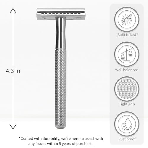 Bambaw Double Edge Safety Razor for Men & Women, Metal Razor with 5 Double Edge Safety Razor Blades, Eco-Friendly Razor – Silver thumbnail 2