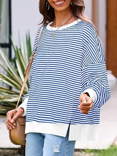 Fisoew Women's Fall Oversized Sweatshirt Casual Waffle Knit Long Sleeve Crewneck Split Pullover Tunic Tops thumbnail 3