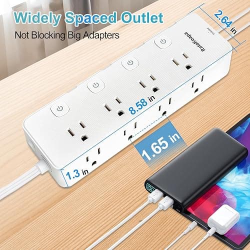 Surge Protector Power Strip 15 ft Cord - 8 Widely AC Outlets 4 USB (2 USB C), Flat Plug Extension Cord with Individual Switches, Wall Mount, Desk Charging Station for Home Office, 1400J thumbnail 7