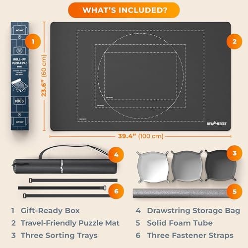 Newverest Jigsaw Puzzle Mat Roll Up, Saver Pad 39.4” x 23.6” Portable Keeper Up to 1000 Pieces with Non-Slip Rubber Bottom and Polyester Top + 3 Puzzle Sorting Trays, Travel-Friendly Storage Bag thumbnail 2