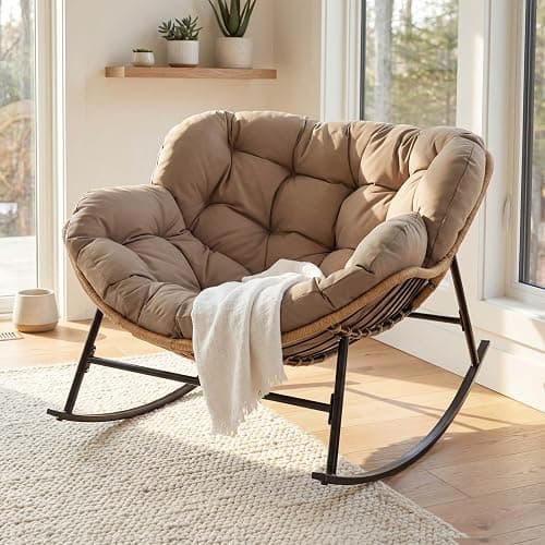 NICESOUL Oversized Papasan Rocking Chair with Cushion, All-Weather Wicker Egg Rocker Indoor Outdoor, 450 lbs Sturdy Comfy Recliner Glider Lounge Chair for Balcony Livingroom Bedroom Porch, Brown thumbnail 4