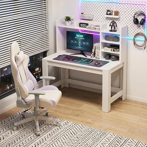 WINAZ 43" White Student Desk with Hutch and Built-in Power Outlet | Computer Writing Desk with Storage Shelves for Small Space, Modern Home Office Workstation for Bedroom Dorm thumbnail 2
