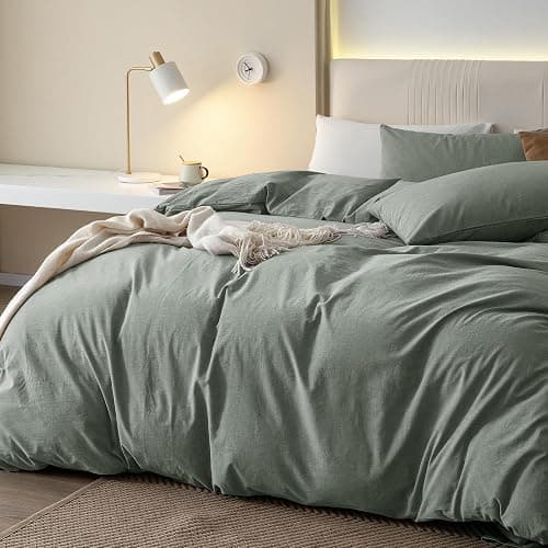 JIYUAN Queen Size Duvet Cover Set, 3-Piece - 100% Washed Cotton, Linen-Like Soft & Breathable with Zipper Closure, Includes 90x90 Inch Cover & 2 Pillowcases, Heathered Green thumbnail 6
