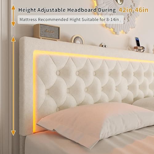 VOHOBY King Bed Frame with 4 Storage Drawers, Velvet Upholstered Bed Frame King Size with Charging Station and LED Lights, 46" Adjustable Button Tufted Headboard, No Box Spring Needed, Beige thumbnail 2