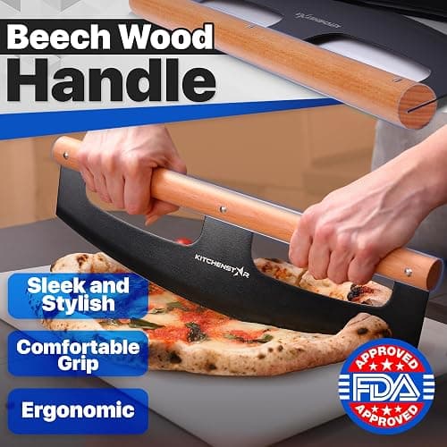 KitchenStar 16-Inch Pizza Cutter Rocker Blade - Razor Sharp Stainless Steel Slicer Knife, Stylish Beech Wood Handle, Protective Cover - Professional Pizza Oven Accessories, Black thumbnail 4