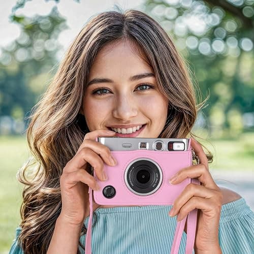 Rieibi Mini EVO Case - Vintage PU Leather Protective Case for Fuji Instax Mini EVO Instant Camera - Removable bag with Adjustable Shoulder Strap Battery Charging Port - Pink thumbnail 6