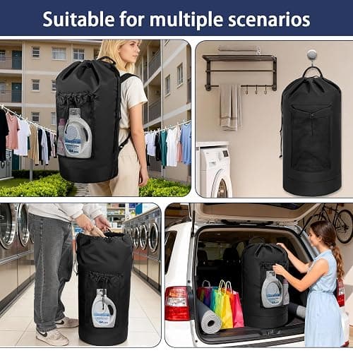 WELIDAY Laundry Bag Backpack with 3 Sizes Mesh Wash Bags and Shoulder Straps Foldable Clothes Hamper Bag with Drawstring Closure for College, Apartment, Laundromat (Black) thumbnail 7