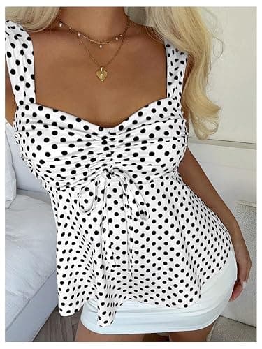 SOLY HUX Women's Babydoll Tops Summer Cute Polka Dots Tank Top | Sleeveless, Ruched, Drawstring, Peplum Tops, Cute Summer Tops for Teens thumbnail 5