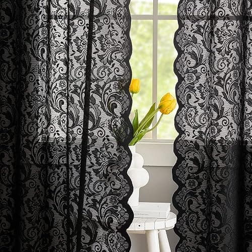 ALIGOGO Black Lace Curtains for Bedroom, Gothic Style, 52W x 63L Inch | Halloween Home Decor, Witchy Moody Curtains, Victorian Vintage Floral Pattern, Light Filtering&Privacy, Rod Pocket, 2 Panels thumbnail 4