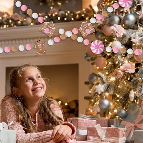 JarThenaAMCS 8.2Ft Christmas Felt Banner Cute Gingerbread Man Candy House Hanging Garland Pink Brown White Pom Ball Banner for Xmas Holiday Home Mantel Wall Decor thumbnail 5