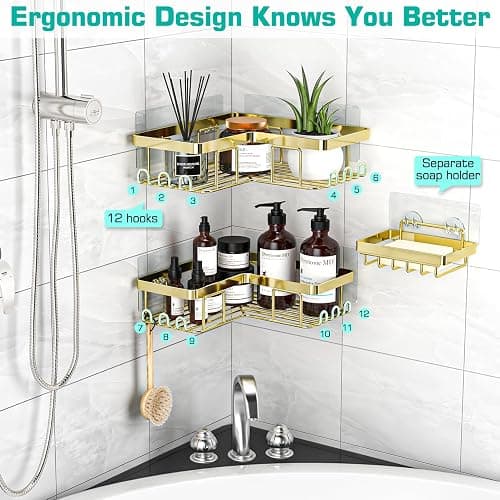 YASONIC Corner Shower Caddy, 3-Pack Adhesive Bathroom Caddy with Soap Holder and 12 Hooks, Rustproof Stainless Steel Shower Organizer, No Drilling Wall Mounted Shower Rack, for Bathroom, Gold thumbnail 5