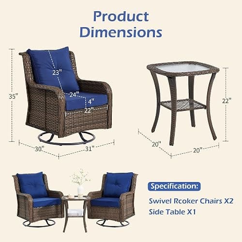 Wumiokio Patio Furniture Sets, 3 Pieces Wicker Outdoor Furniture - 360 Degree Swivel Rocking Chairs and Rattan Side Table for Garden,Porch,Backyard (Brown Wicker/Blue Cushion, 3PCS - Swivel Chairs) thumbnail 3