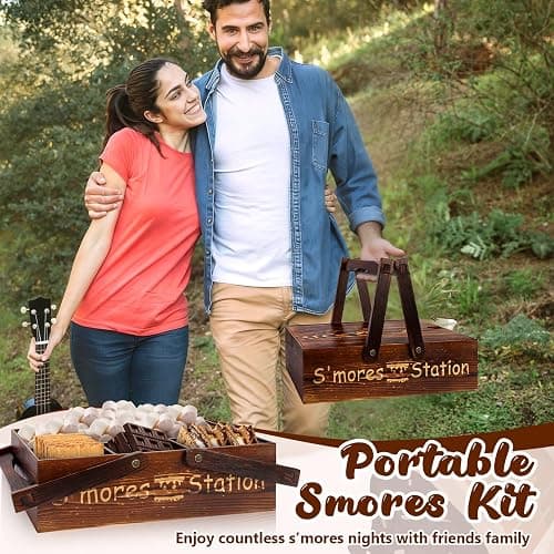 Portable Smores Kit 4 In 1 Smores Caddy Organizer with Handle 6 Pcs 32 Inch Marshmallow Roasting Sticks Dark Brown Smores Basket Tray with Handles Wooden Smores Maker Box with Lid for Camping Outdoor thumbnail 6
