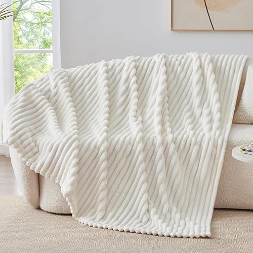 BEDELITE Fleece Throw Blanket for Couch - 300GSM Soft & Warm Fluffy Cream White Blanket, Decorative and Giftable Striped Blankets for Women, Men, 50"x60" thumbnail 7