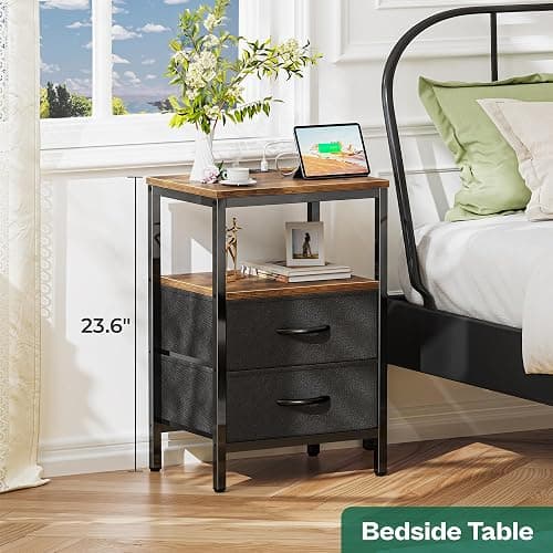 Huuger Nightstand with Charging Station, Side Table with Fabric Drawers, End Table with Open Shelf, Bedside Table with USB Ports and Outlets, Night Stand for Bedroom, Rustic Brown and Black thumbnail 4