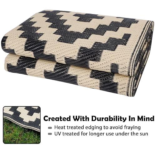 SAND MINE Waterproof Outdoor Rug 5x8 ft, Plastic Reversible Rug, Modern Area Rug, Large Floor Mat for Outdoors, RV, Patio, Backyard, Deck, Picnic, Beach, Camping, Black & Beige thumbnail 4