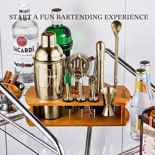 KITESSENSU Cocktail Shaker Set Bartender Kit with Stand | Bar Set Drink Mixer Set with All Essential Accessory Tools: Martini Shaker, Jigger, Strainer, Mixer Spoon, Muddler |Champagne Gold - 17pieces-Champagne Gold thumbnail 4