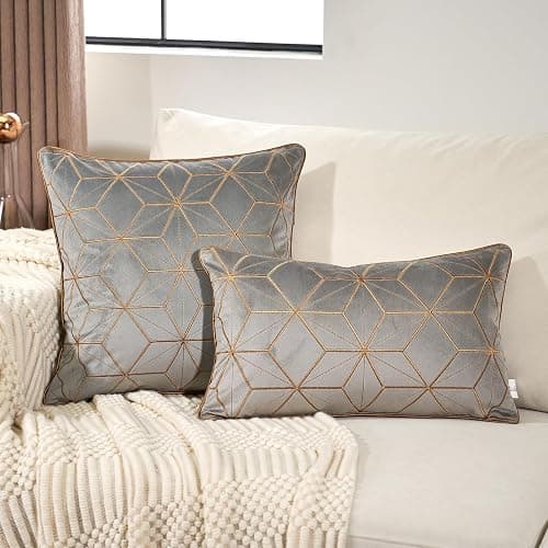 Aeckself Gray Gold Velvet Lumbar Throw Pillow Cover 12 x 20 Inch, Embroidery Rectangle Modern Plaid Accent Pillow Cover with Stitched Edge Decorative Oblong Cushion Case for Couch Living Room Bedroom thumbnail 5