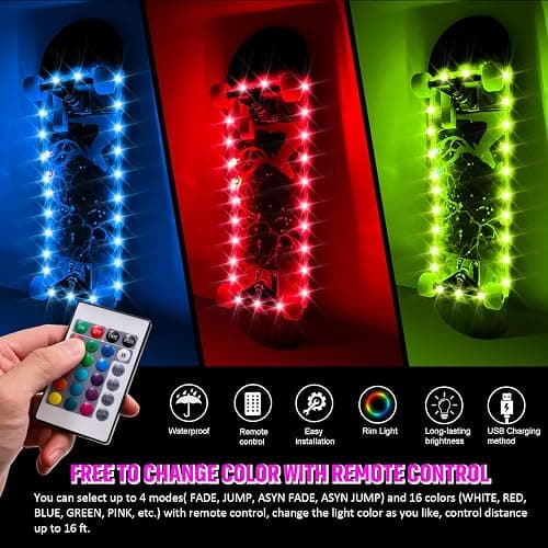 Eliteemo LED Skateboard Light, Longboard & Shortboard, 16 Colors | Remote Control, Waterproof & Shockproof Design, Super Bright Night Display, Kids Gift thumbnail 3
