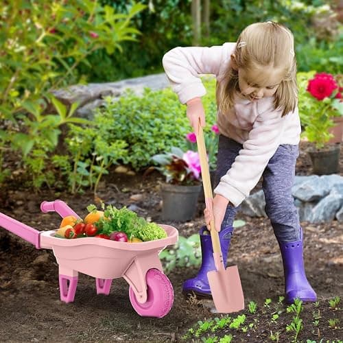 Qtioucp Kids Gardening Set with Wheelbarrow, Real Metal Garden Tools for Kids Ages 3-8, 4 Long Handle Tools, 3 Hand Tool, Gloves, 5 Stickers, Handbook, Outdoor Backyard Toys for Toddler Gift thumbnail 2