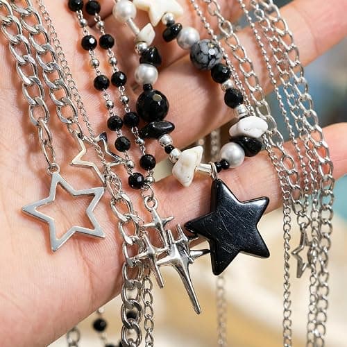 5PCS Retro-Inspired Dark Style Necklace Set for Women Men, Star Cross Pendant Silver Tone Beaded Chain Necklaces, Grunge Alternative Accessories Edgy Punk Jewelry Aesthetic Cool Stuff for Gifts thumbnail 4