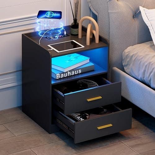 dnbss Black LED Nightstand with Charging Station, Modern Night Stands with 24-Color RGB LED Lights, Smart Lighted Black Bedside Table with 2 Drawers for Bedroom thumbnail 10