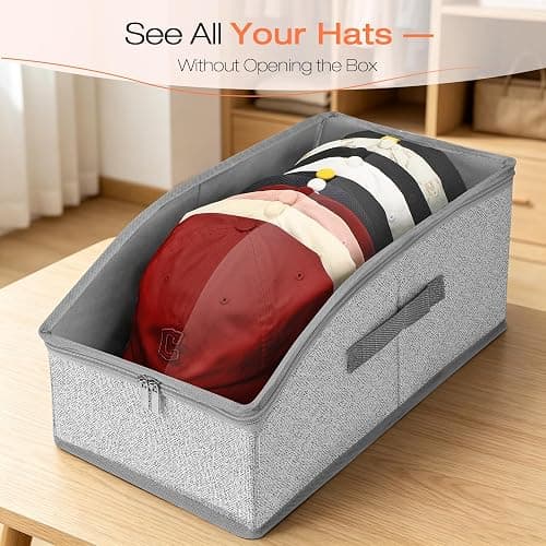 Rnhiehd Hat Organizer for Baseball Caps, Hat Storage with Large Clear Window for Closet, Hat Box with Cardboard Liner, Dust-Resistant, Stackable, Holds 12-15 Caps, Grey thumbnail 4