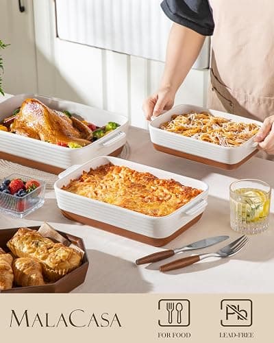 MALACASA Casserole Dishes for Oven, Ceramic Baking Dishes Set of 3, Baking Pan Casserole Dish Set, Rectangular Lasagna Pan Deep with Handles for Baking, Khaki White (14.5''/13''/10.5''), Series TARA thumbnail 2