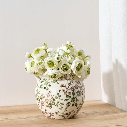 Green and Beige Antique Vase, 5.6 Inch Vintage Chinoiserie Floral Vase, Rustic Ceramic Vase for Home Decor, Living Room, Bookshelf, Office, Entryway, Garden, Chinoiserie Decor, Tuscan Decor thumbnail 7
