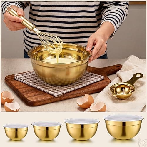 LemonRoad 8 Pcs Gold Kitchen Accessories Set Includes 1.5/2/2.8/3.6 Qt Gold Mixing Bowls with Airtight Lids, 1 Set Stainless Steel Measuring Cups, Grater Slicer with Handle, Egg Beater, Egg Separator thumbnail 2