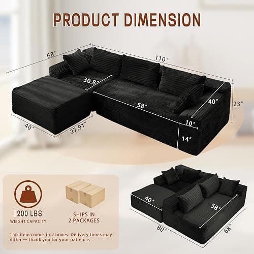 Korser 108" L-Shaped Modular Sectional Sofa with Chaise, Boneless Comfy Corduroy Fluffy Couch with Deep Seat and Side Pockets, Flexible Module Combination for Living Room, No Assembly, Side Pockets thumbnail 2