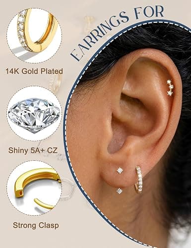 FIASASO 3 Pairs 925 Sterling Silver Hypoallergenic Earrings for Women Trendy - 14K Gold Plated Stud Hoop Cartilage Earrings Set Small Earring Stacks for Sensitive Ears Non Tarnish Dainty Silver Earring thumbnail 7