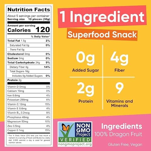 Yammy Dried Dragon Fruit Chips for Drinks Refreshers - Like Freeze Dry Dragonfruit Pieces - 1 Ingredient Healthy Snack for Adults & Kids - 2g Protein, 4g Fiber, Gluten Free Vegan, 5.6oz Value Size thumbnail 2