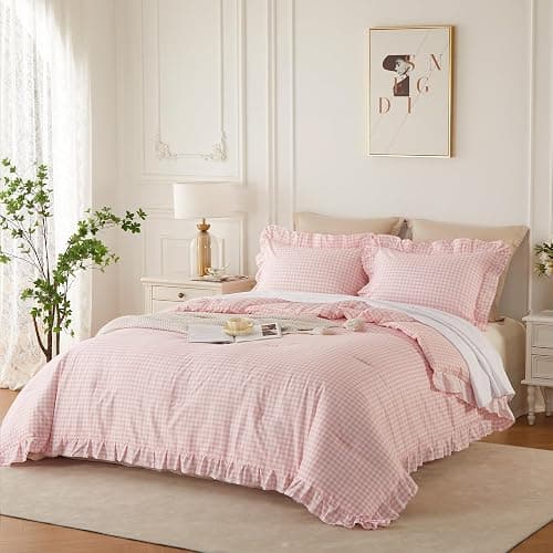 Gingham Ruffle Comforter Set Queen - 3 Piece Pink Checkered Bedding Set - Aesthetic Cottagecore Ruffled Farmhouse Comforter with 2 Pillow Shams - Soft, Lightweight All Season Bedding (90"x90") thumbnail 3