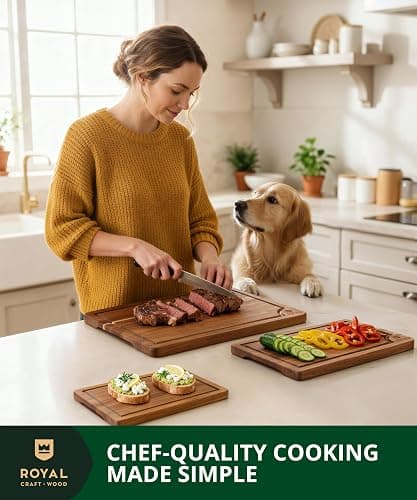 ROYAL CRAFT WOOD Wooden Cutting Boards for Kitchen Meal Prep & Serving - Bamboo Wood Serving Board Set with Deep Juice Groove Side Handles - Charcuterie & Chopping Butcher Block for Meat thumbnail 2
