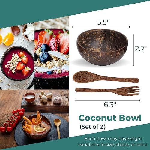 ENEOCARE Natural Coconut Bowls with Spoons and Forks | Eco-friendly Vegan Organic Non-toxic Reusable Smoothie Buddha Acai Bowl for Kitchen, Dining and Decoration (Set of 2) thumbnail 2