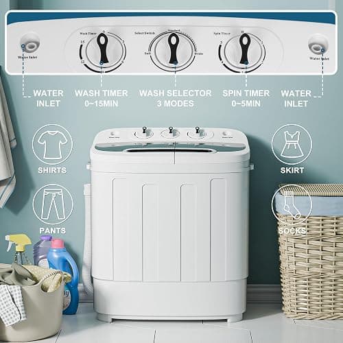 SUPER DEAL Compact Mini Twin Tub Washing Machine 13lbs Capacity Portable Washer Wash and Spin Cycle Combo, Built-in Gravity Drain for Camping, Apartments, Dorms, College, RV’s and Small Spaces thumbnail 4