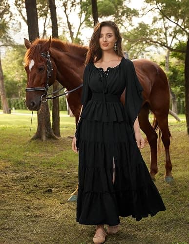 Scarlet Darkness Women Renaissance Shirt Off Shoulder Bell Sleeve Tops | Smocked Waist, Comfortable Chiffon, Elastic Neckline, for Ren Faire, Peasant, Pirate, Halloween Costume thumbnail 5