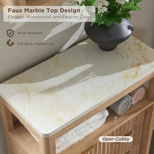 RedLemon Bathroom Floor Cabinet with Sliding Door, Modern Fluted 3 Drawers Storage Organizer w/Adjustable Shelf and Faux Marble Top, Curved Profile Design, Natural Oak Color thumbnail 5