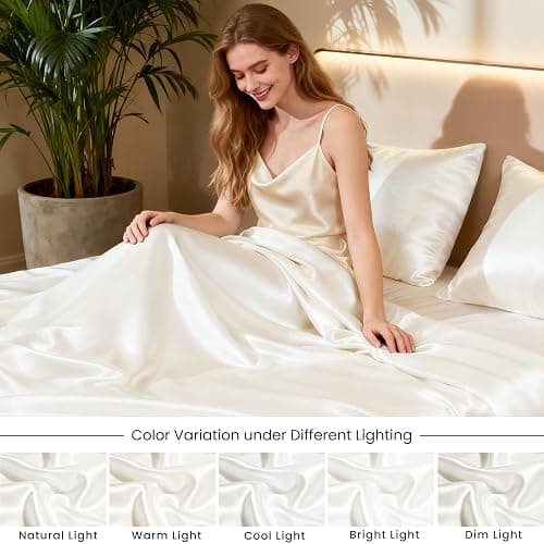 Love's cabin Full Size Satin Sheet Sets - 4 Piece Ivory Silky Sheet Set Full with Deep Pocket, Luxury Silk Feel Bed Sheets Full Bedding Set (1 Flat Sheet,1 Fitted Sheet,2 Pillow Cases) thumbnail 7