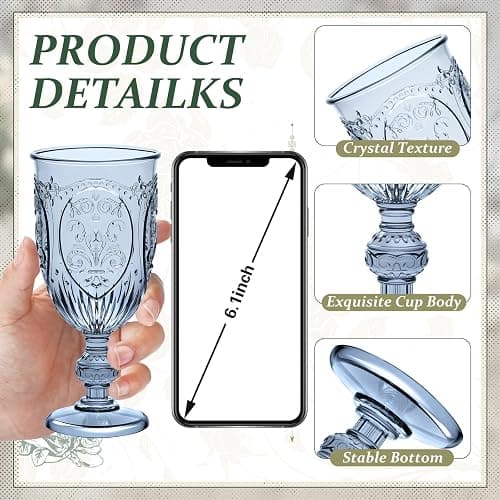 Wiwiqing 100 Pcs Plastic Goblets 7.5oz Vintage Goblet Plastic Wine Glasses Colored Retro Embossed Water Goblets for Wine Bar Juice Baby Shower Wedding Reception Grand Event Party (Blue) thumbnail 2