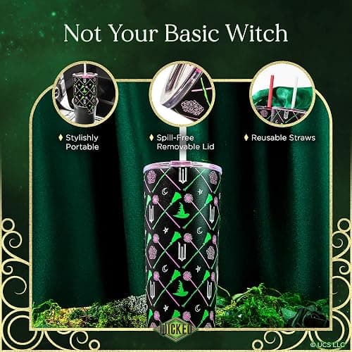 Dragon Glassware x WICKED Vacuum Insulated Tumbler with Lid and Straw - 24 oz Tumbler Cup with 2 Straws - Stainless Steel Tumbler with Straw for Water, Iced Tea - Wicked Movie Green Tumbler with Straw thumbnail 5