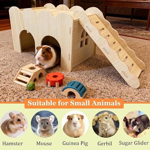 Guinea Pig Hideout Hamster Wood House Maze Platform Detachable Accessories with Ladder for Rat Hamster Squirrel Gerbil Sugar Glider thumbnail 7