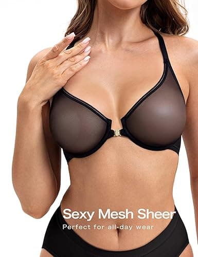 Deyllo Women's Front Closure Sexy See-Through Underwire Bra Sheer Unlined Racerback Bra for Everyday - 32B - Black thumbnail 5