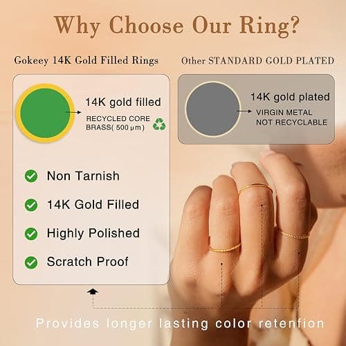 Gokeey Gold Rings for Women Non Tarnish, Dainty 14K Gold Plated Stackable Thin Thumb Ring Set Trendy Pinky Wedding Bands Engagement Rings for Women Size 3 4 5 6 7 8 9 10 11 thumbnail 5