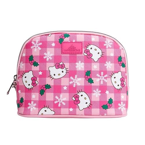 Impressions Vanity Hello Kitty Gingham Arch Makeup Bag for Women, Faux Leather Travel Toiletry Bag with Removable Wristlet Strap, Waterproof Reusable Inside Pocket Mini Cosmetic Organizer (Pink) thumbnail 2